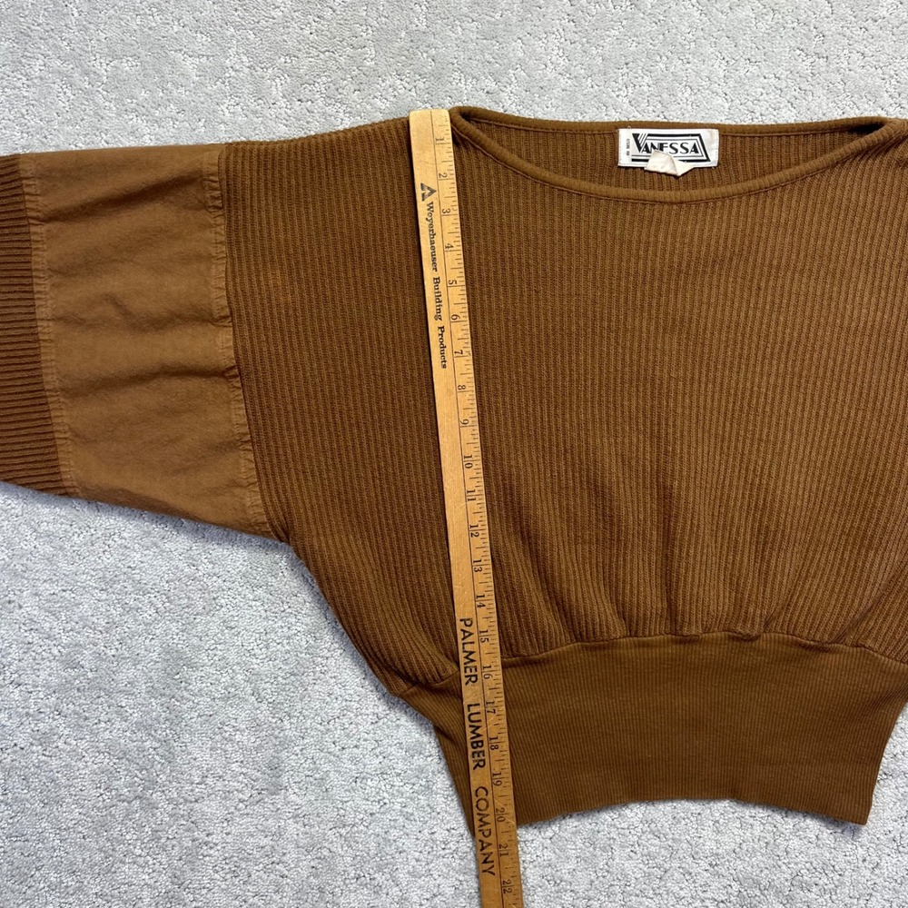 Vanessa Vintage Brown Ribbed Cotton Dolman Sleeve Cropped Sweater Womens Medium - Picture 12 of 14